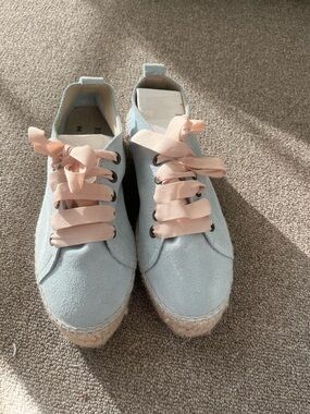 Manebi Light Blue Suede Espadrille Sneakers with Pink Ribbon Laces